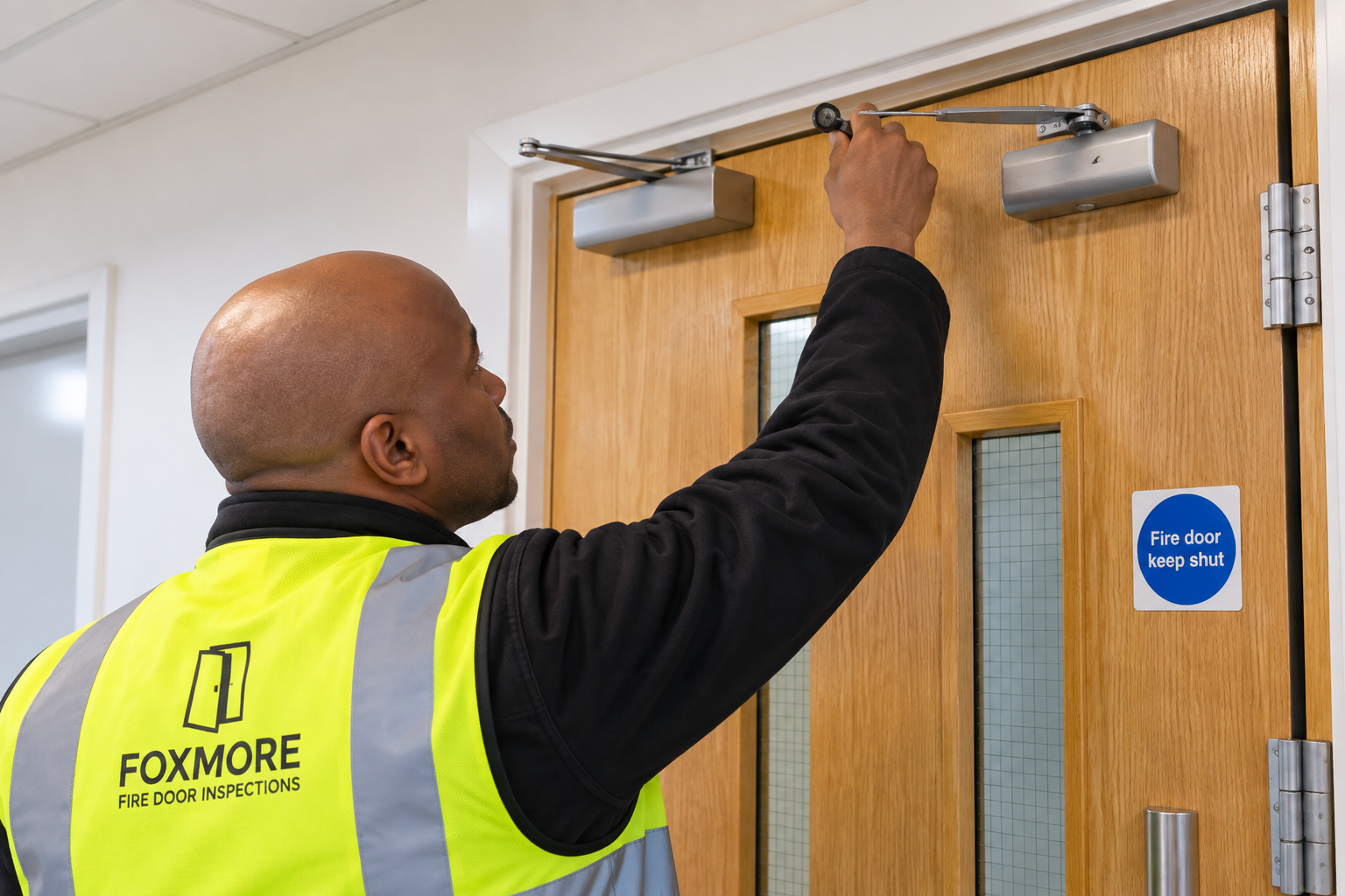 Two Foxmore inspectors on a ladder working on a fire door